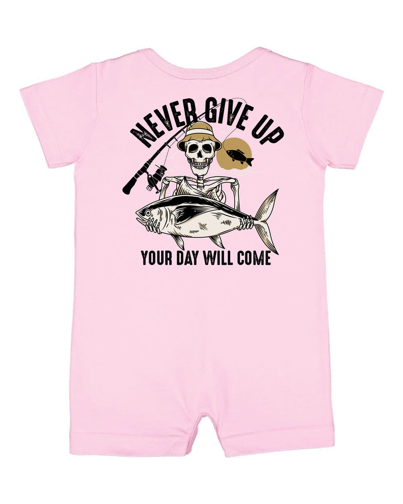 Fishing Skelly Pocket Design on Front w/ Never Give Up on Back - Short Sleeve / Shorts - One Piece Baby Romper