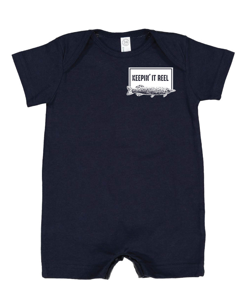 Keepin' It Reel Pocket Design on Front w/ Fishing Reel on Back - Short Sleeve / Shorts - One Piece Baby Romper