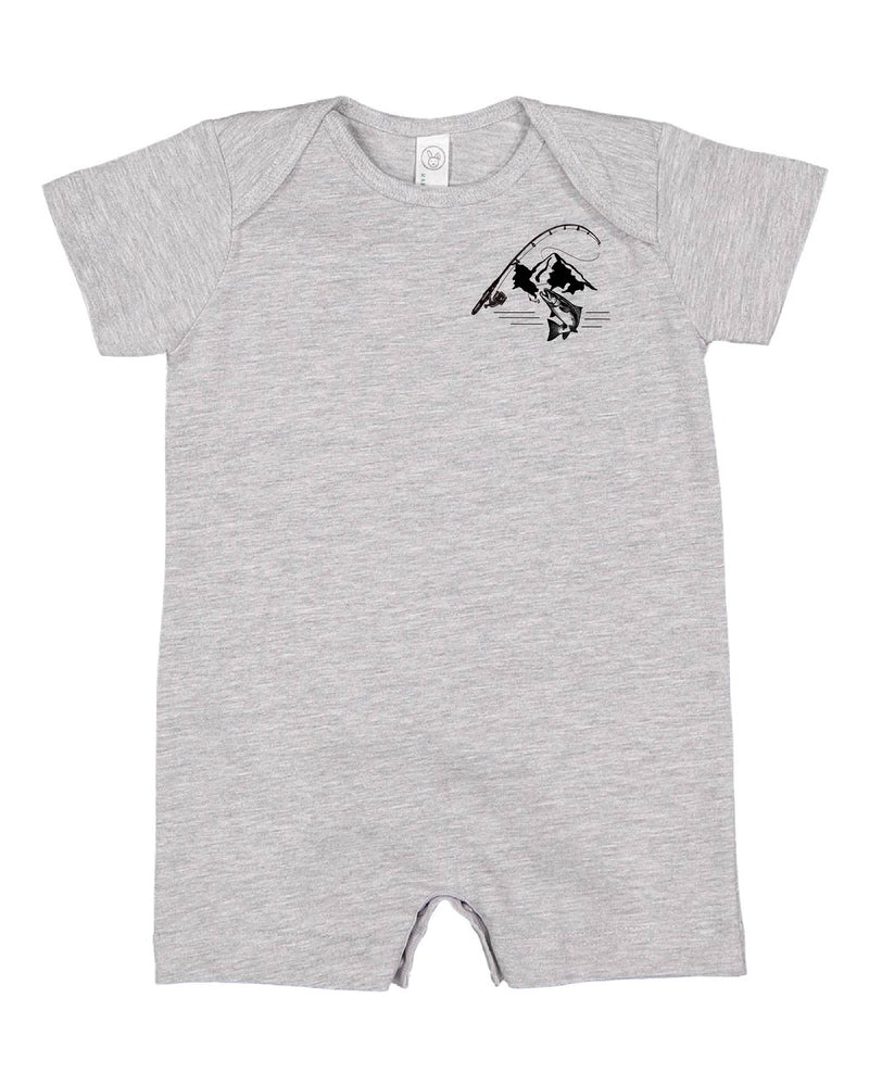Mountain Fish & Pole Pocket Design on Front w/ FISH ON on Back - Short Sleeve / Shorts - One Piece Baby Romper