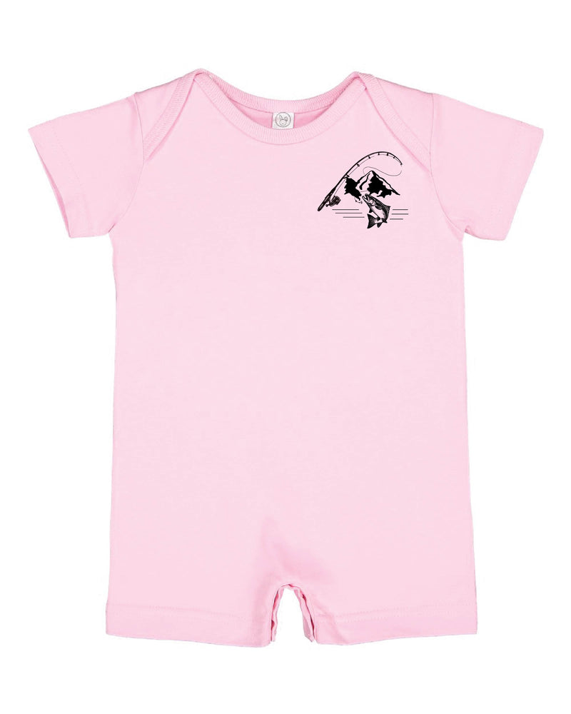 Mountain Fish & Pole Pocket Design on Front w/ FISH ON on Back - Short Sleeve / Shorts - One Piece Baby Romper