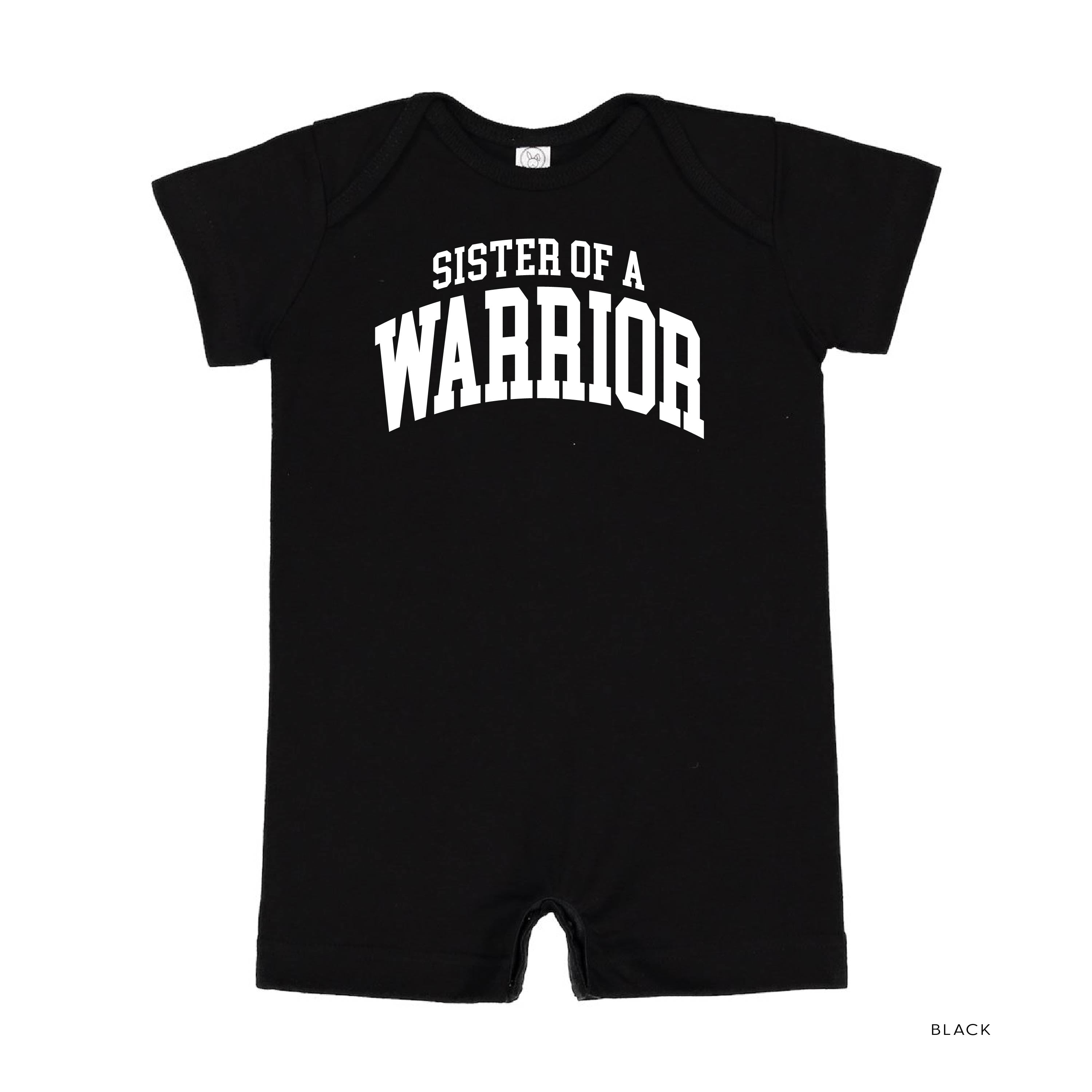 Sister of a Warrior - Varsity - Short Sleeve / Shorts - One Piece Baby Romper Little Mama Shirt Shop