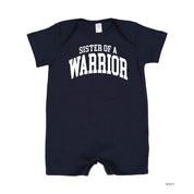 Sister of a Warrior - Varsity - Short Sleeve / Shorts - One Piece Baby Romper Little Mama Shirt Shop