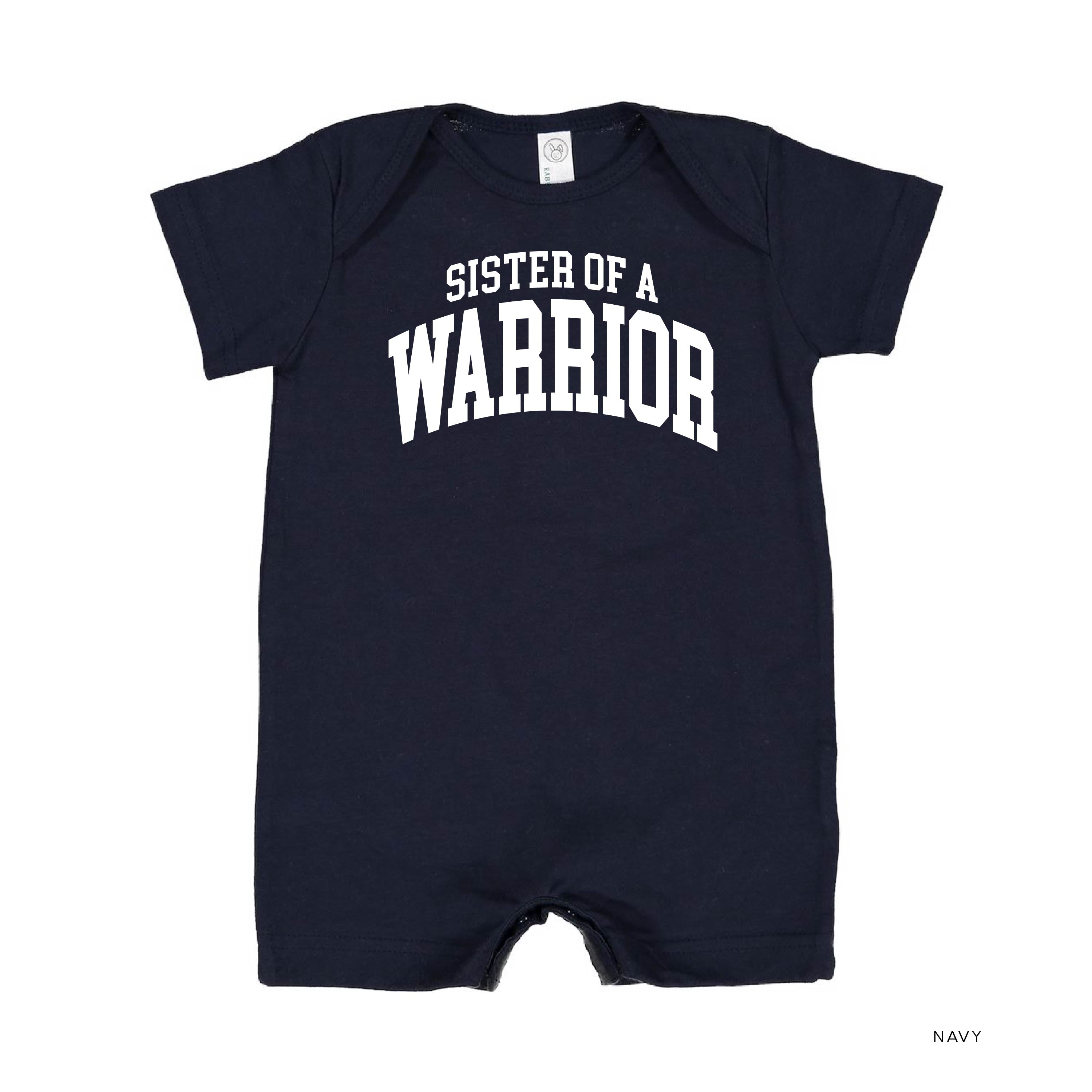 Sister of a Warrior - Varsity - Short Sleeve / Shorts - One Piece Baby Romper Little Mama Shirt Shop