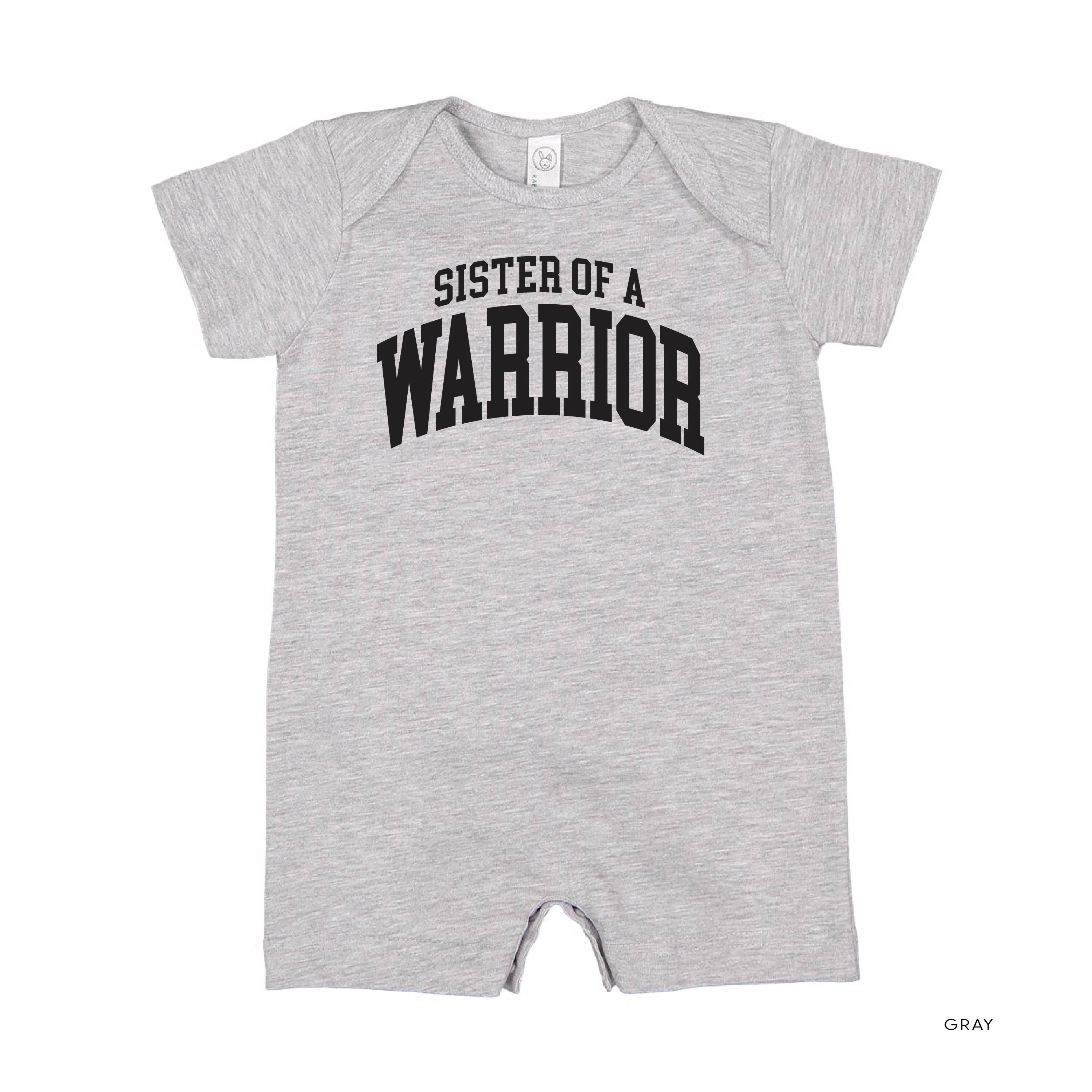Sister of a Warrior - Varsity - Short Sleeve / Shorts - One Piece Baby Romper Little Mama Shirt Shop