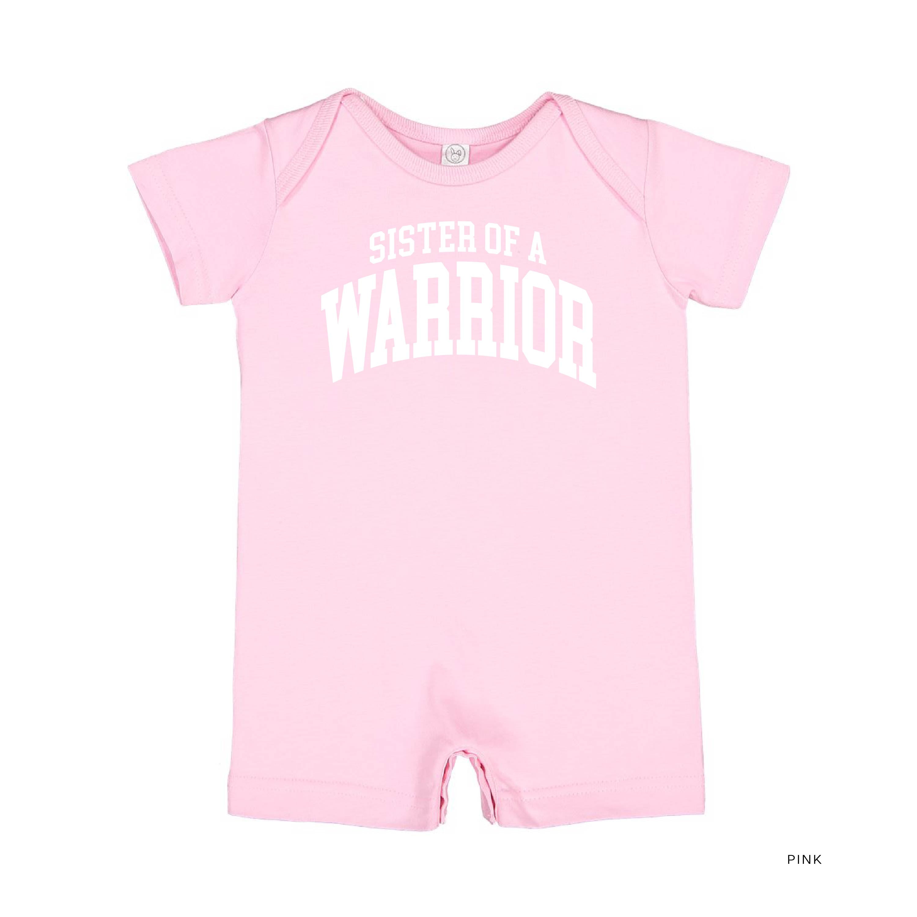 Sister of a Warrior - Varsity - Short Sleeve / Shorts - One Piece Baby Romper Little Mama Shirt Shop