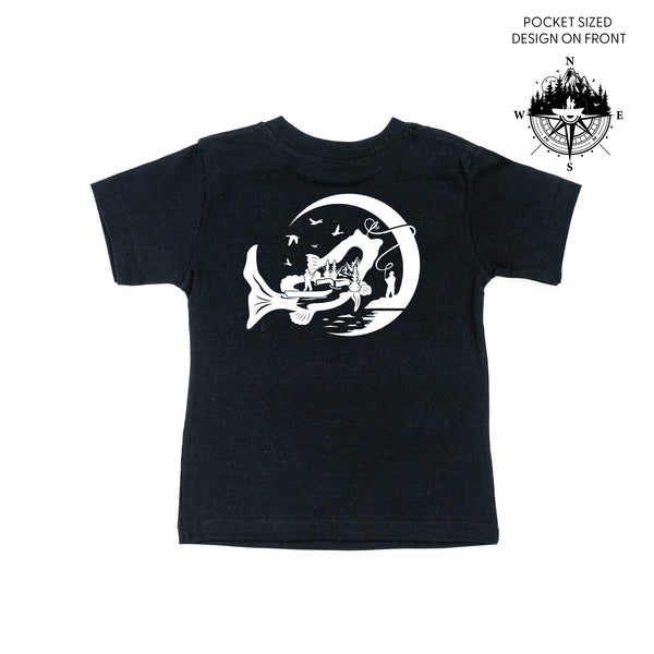 Fishing Compass Pocket Design on Front w/ Fishing Scene on Back - Short Sleeve Child Shirt