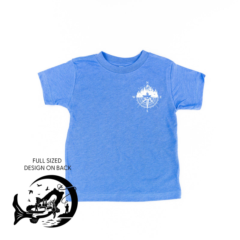 Fishing Compass Pocket Design on Front w/ Fishing Scene on Back - Short Sleeve Child Shirt