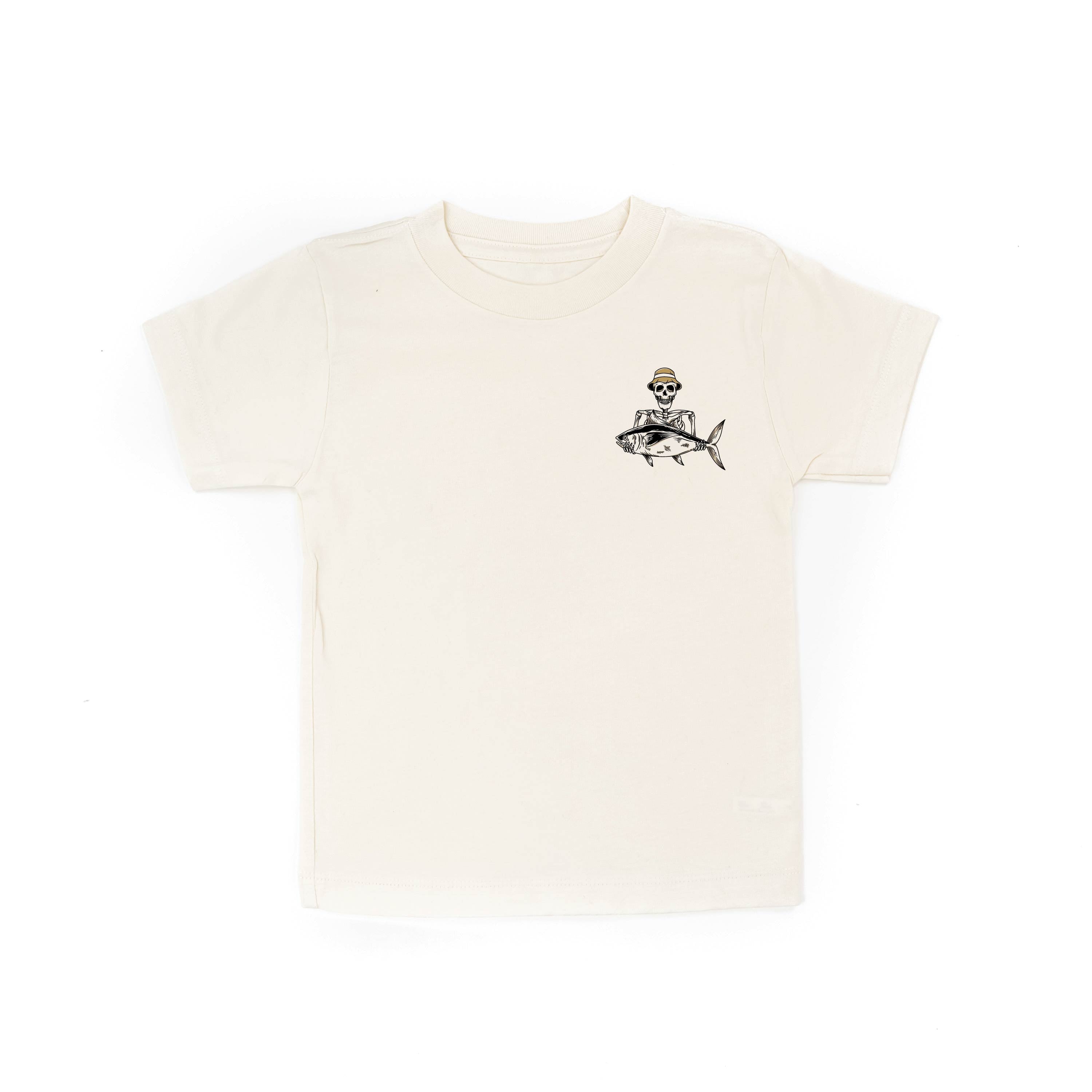 Fishing Skelly Pocket Design on Front w/ Never Give Up on Back - Short Sleeve Child Shirt Little Mama Shirt Shop