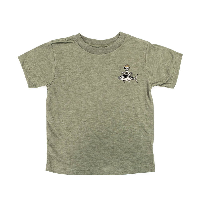 Fishing Skelly Pocket Design on Front w/ Never Give Up on Back - Short Sleeve Child Shirt