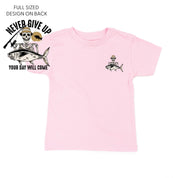 Fishing Skelly Pocket Design on Front w/ Never Give Up on Back - Short Sleeve Child Shirt Little Mama Shirt Shop