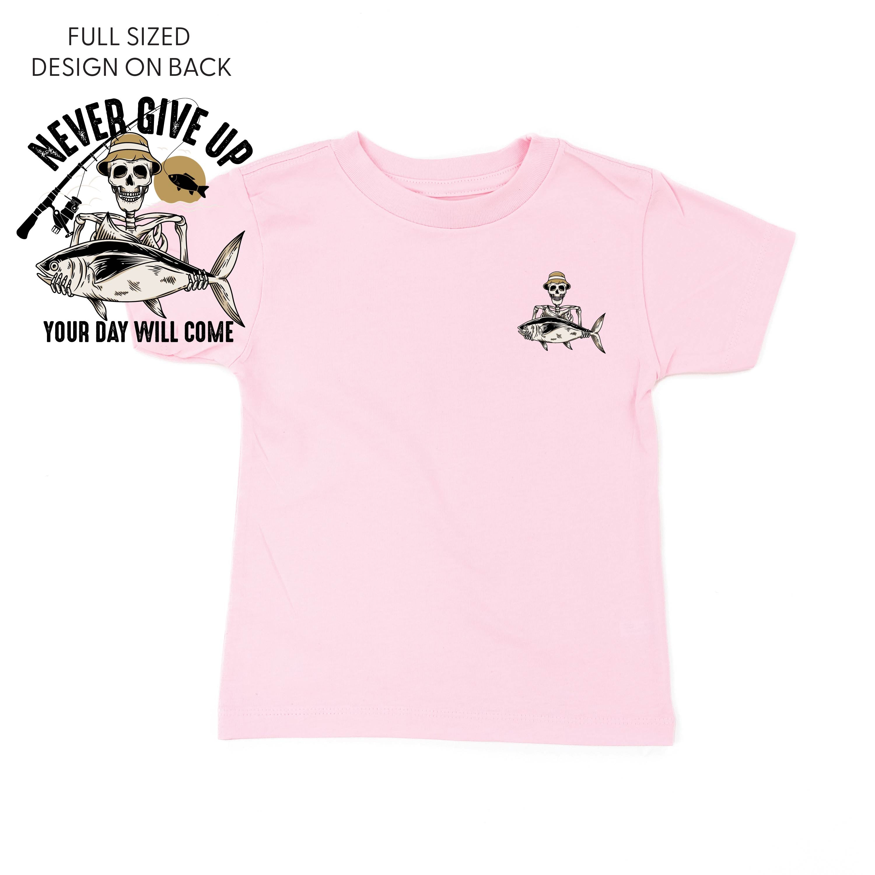 Fishing Skelly Pocket Design on Front w/ Never Give Up on Back - Short Sleeve Child Shirt Little Mama Shirt Shop