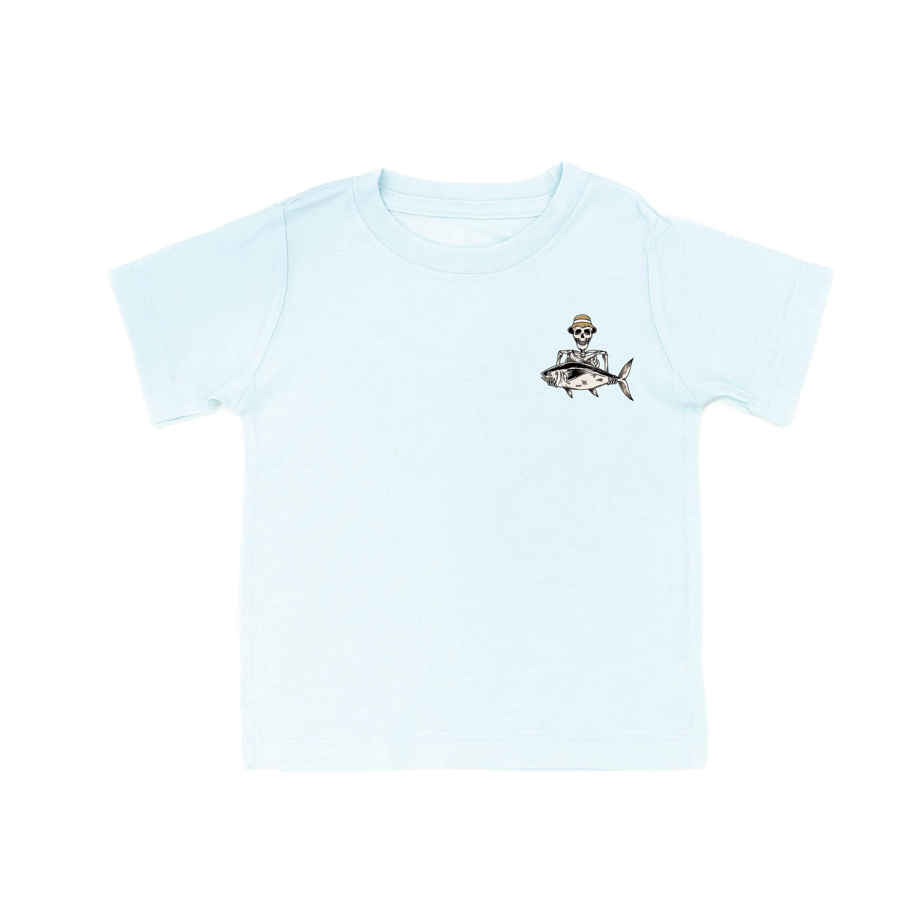 Fishing Skelly Pocket Design on Front w/ Never Give Up on Back - Short Sleeve Child Shirt Little Mama Shirt Shop