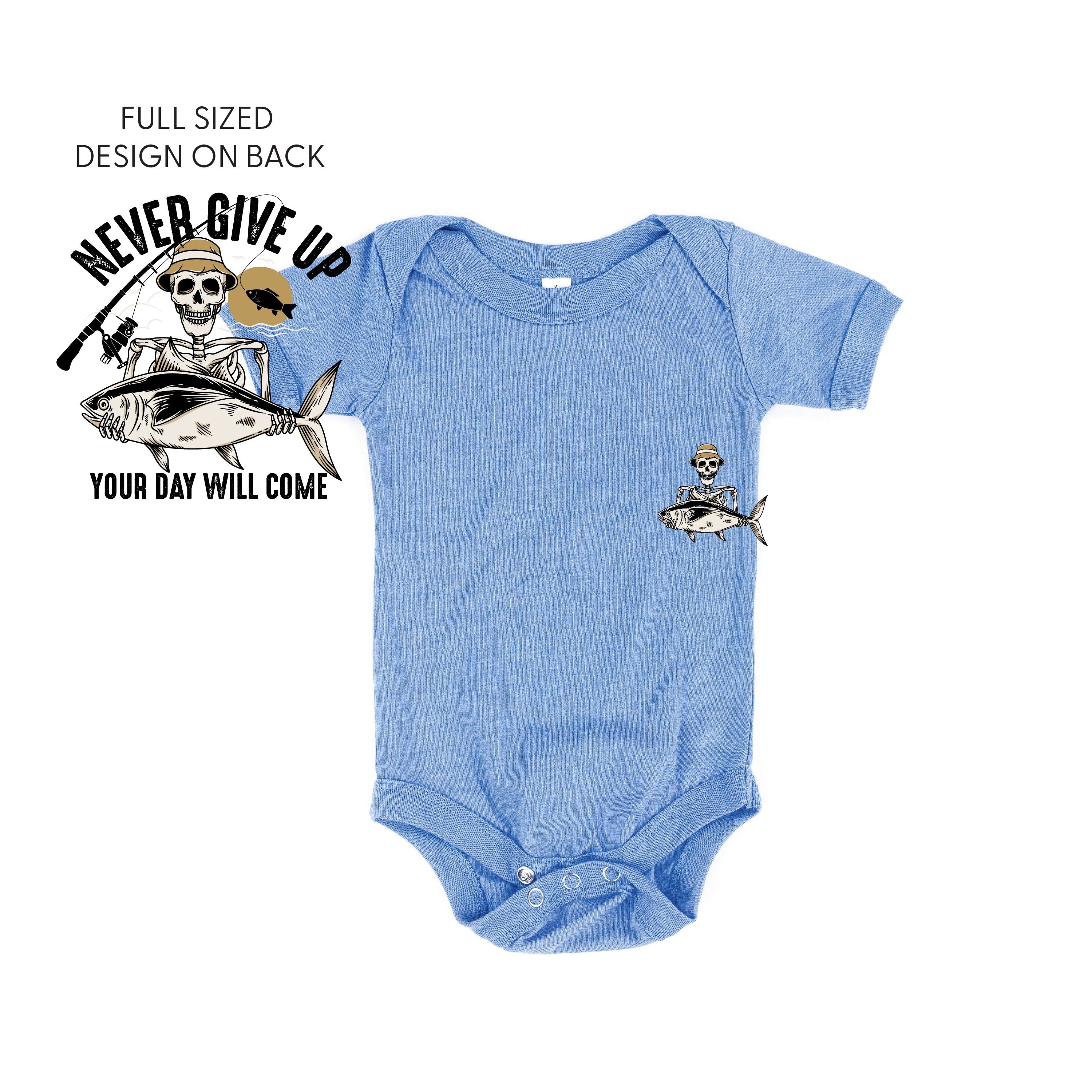 Fishing Skelly Pocket Design on Front w/ Never Give Up on Back - Short Sleeve Child Shirt Little Mama Shirt Shop