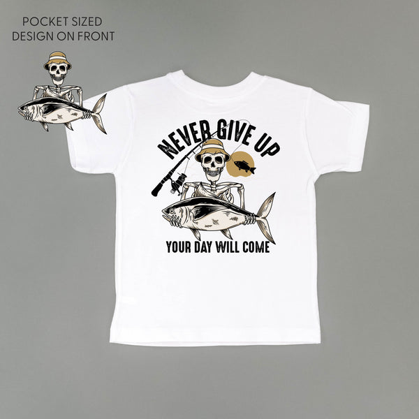 Fishing Skelly Pocket Design on Front w/ Never Give Up on Back - Short Sleeve Child Shirt