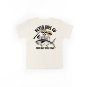 Fishing Skelly Pocket Design on Front w/ Never Give Up on Back - Short Sleeve Child Shirt Little Mama Shirt Shop