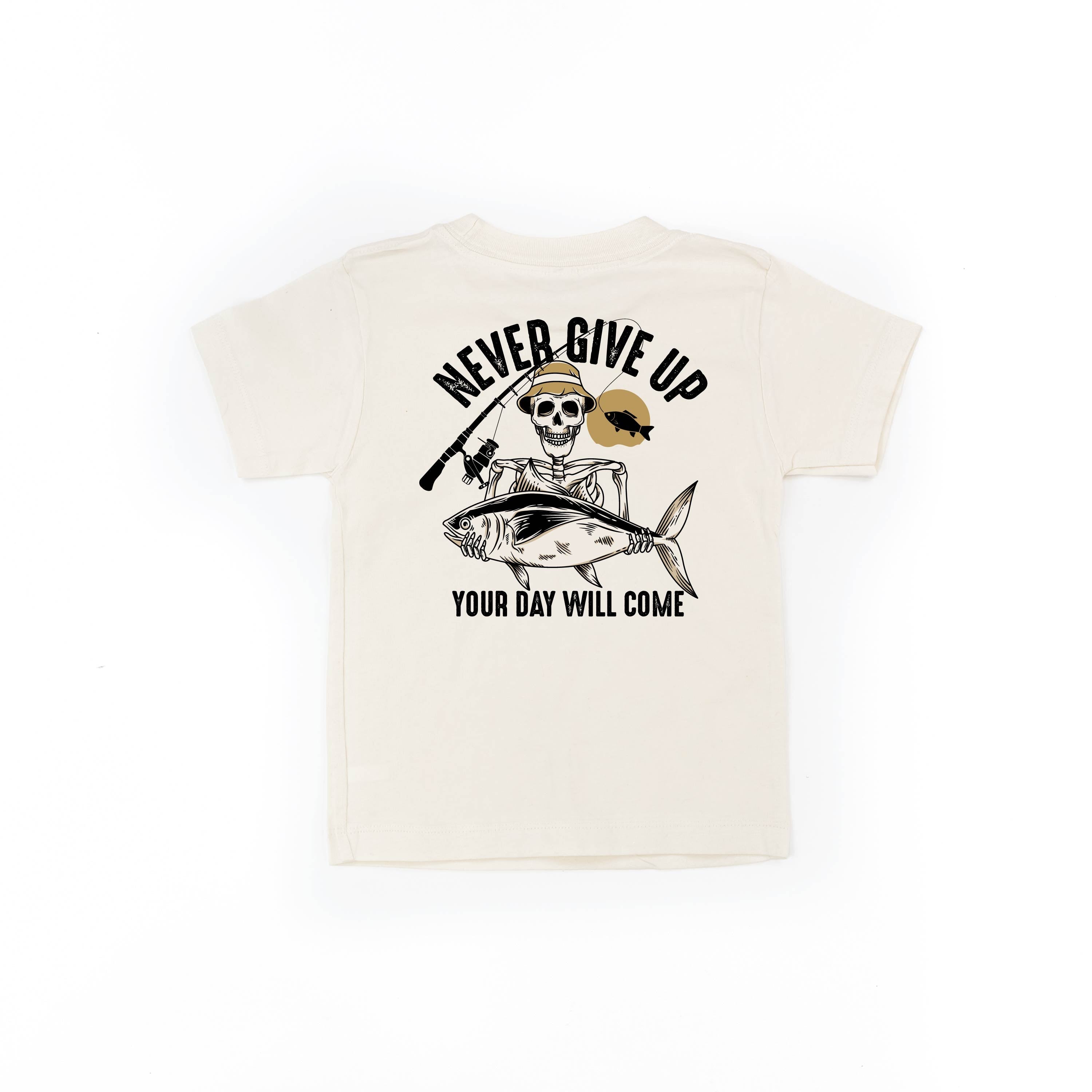 Fishing Skelly Pocket Design on Front w/ Never Give Up on Back - Short Sleeve Child Shirt Little Mama Shirt Shop