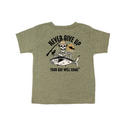 Fishing Skelly Pocket Design on Front w/ Never Give Up on Back - Short Sleeve Child Shirt Little Mama Shirt Shop