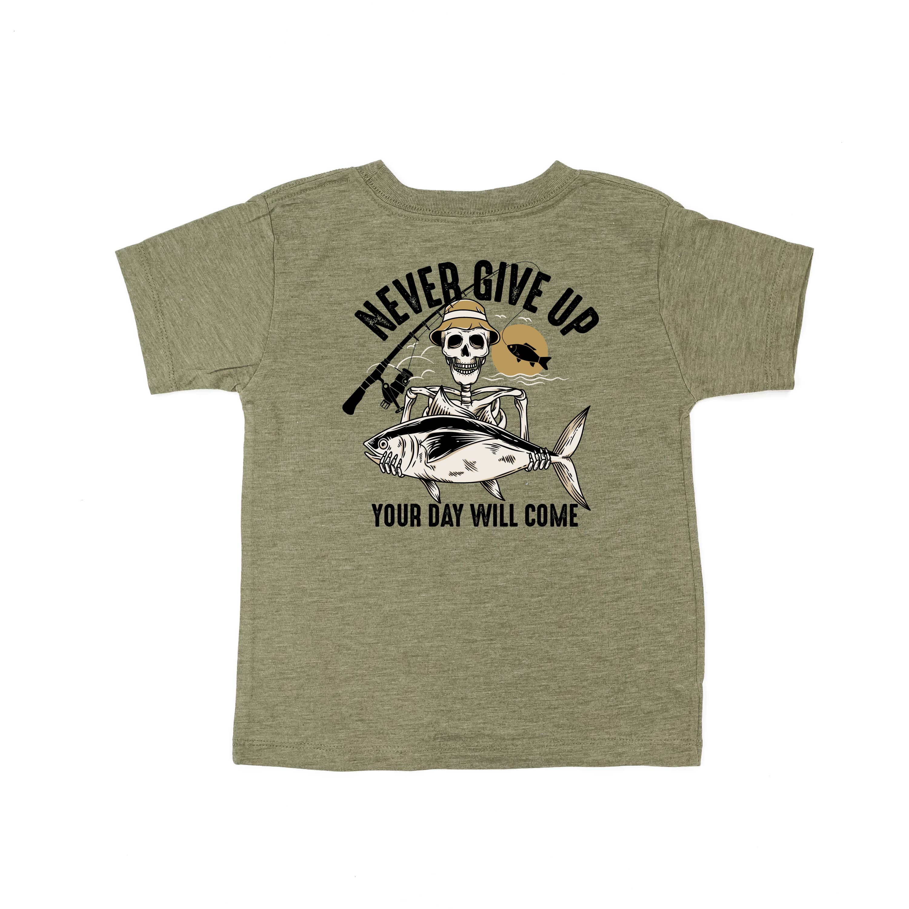 Fishing Skelly Pocket Design on Front w/ Never Give Up on Back - Short Sleeve Child Shirt Little Mama Shirt Shop