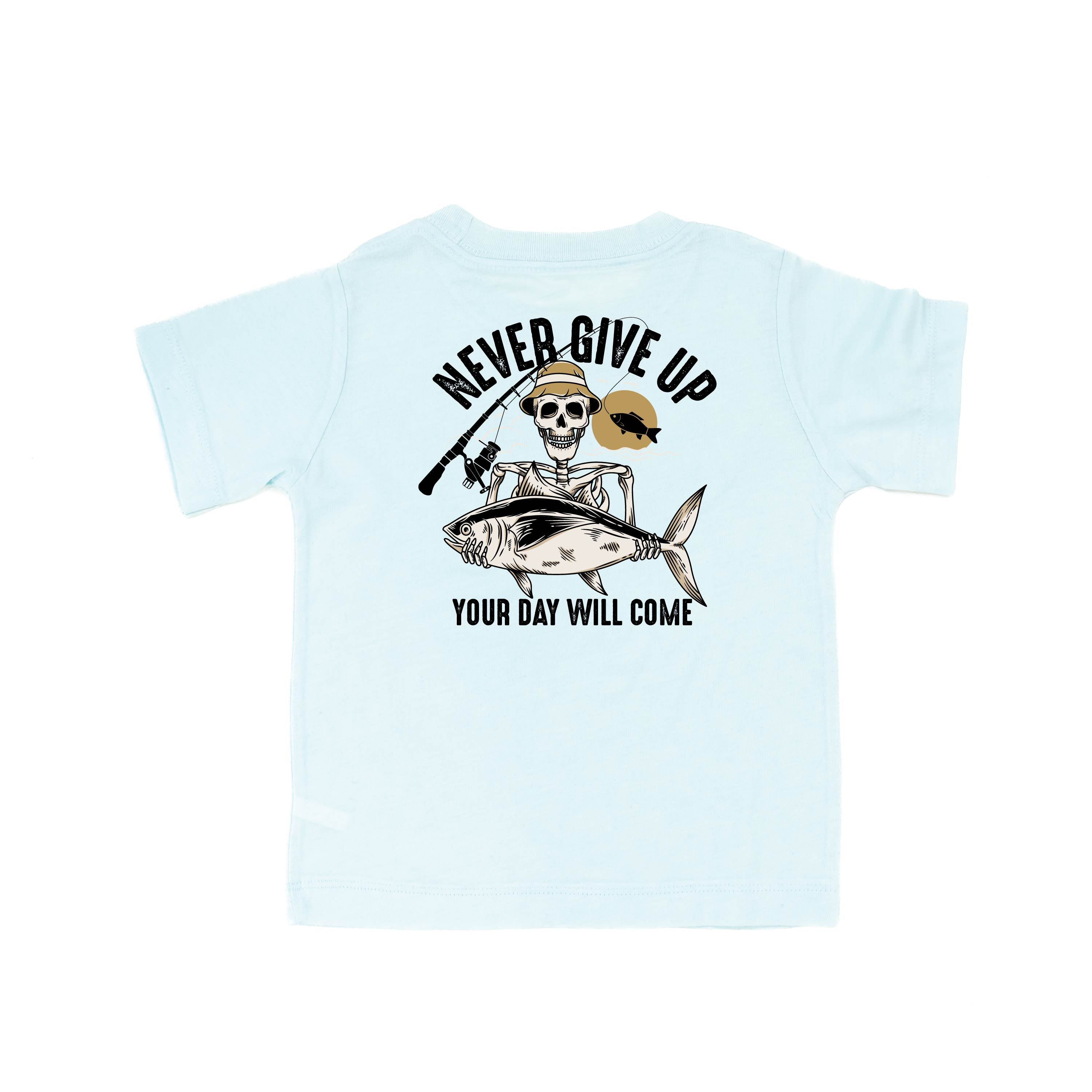 Fishing Skelly Pocket Design on Front w/ Never Give Up on Back - Short Sleeve Child Shirt Little Mama Shirt Shop