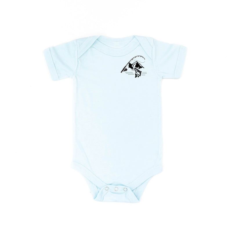 Mountain Fish & Pole Pocket Design on Front w/ FISH ON on Back - Short Sleeve Child Shirt