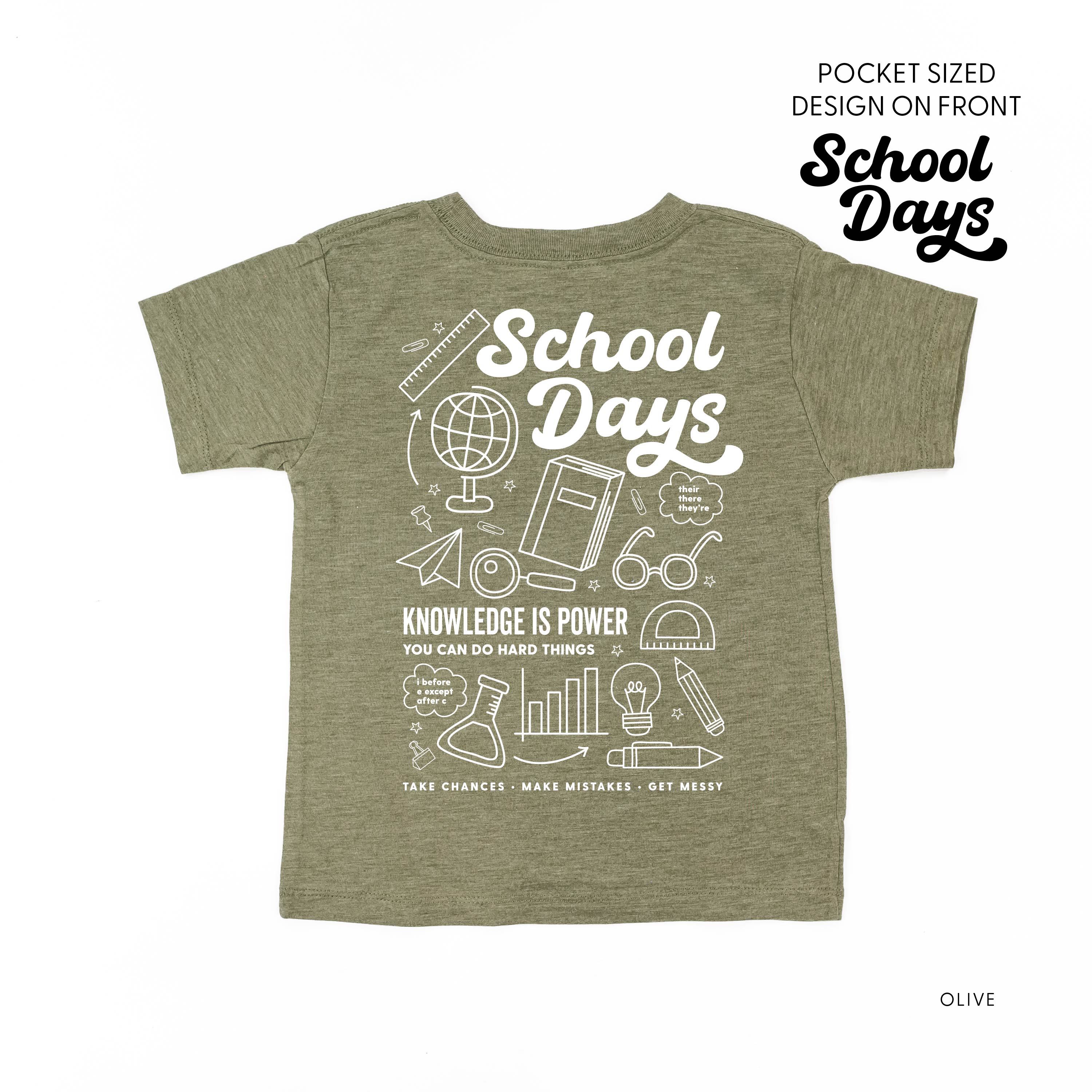 School Days Pocket Design on Front w/ Full School Days Design on Back - Short Sleeve Child Shirt Little Mama Shirt Shop