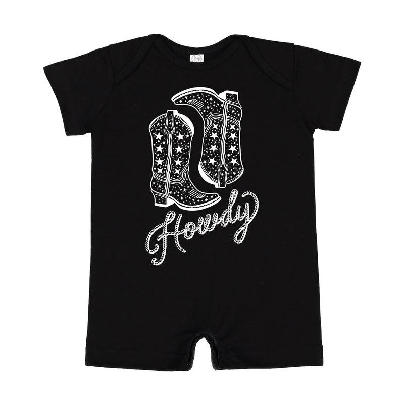 Howdy w/ Cowboy Boots - Short Sleeve / Shorts - One Piece Baby Romper