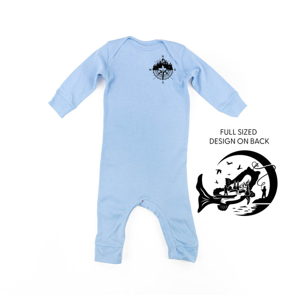 Fishing Compass Pocket Design on Front w/ Fishing Scene on Back - One Piece Baby Sleeper