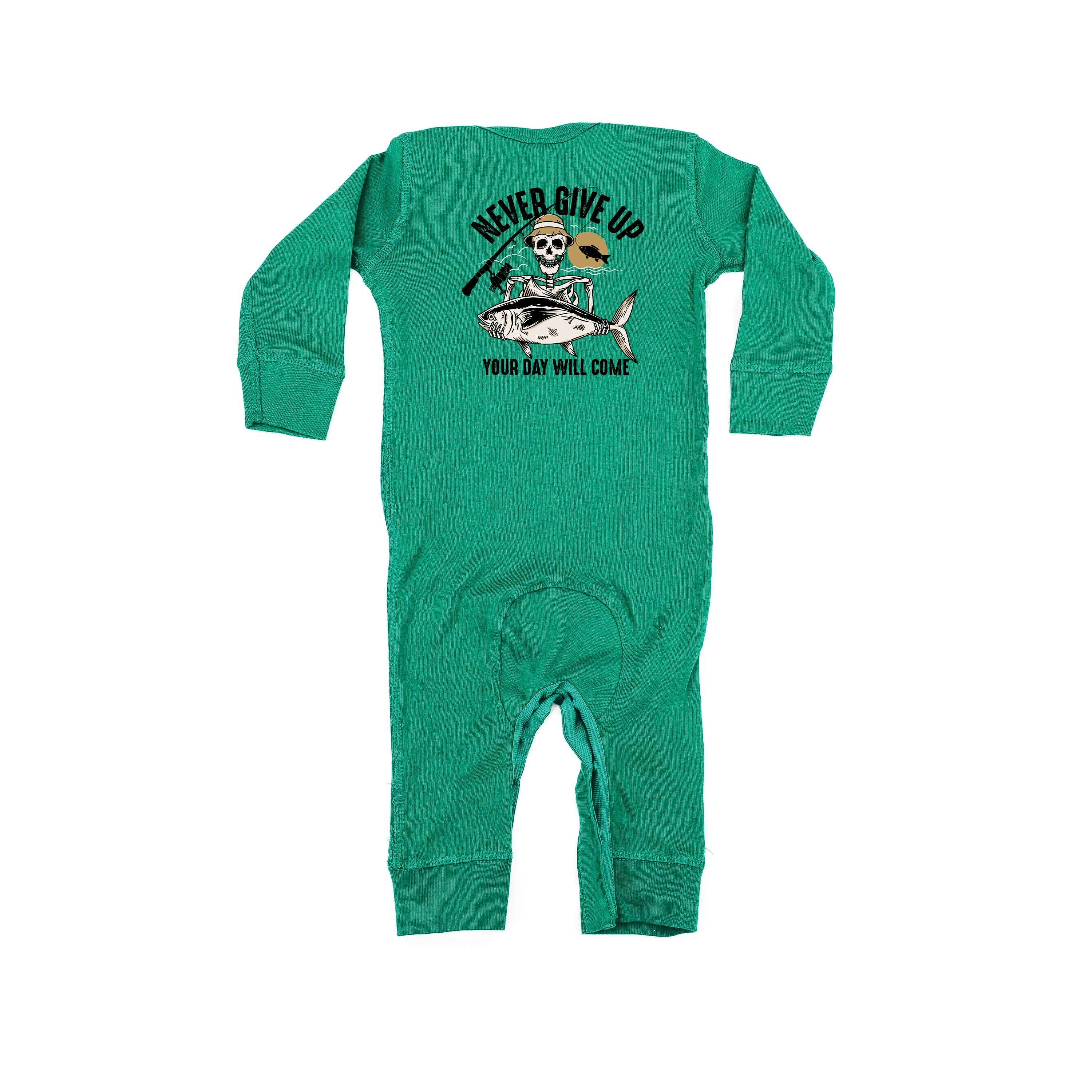 Fishing Skelly - Never Give Up (pf&b) - Baby Sleeper Little Mama Shirt Shop