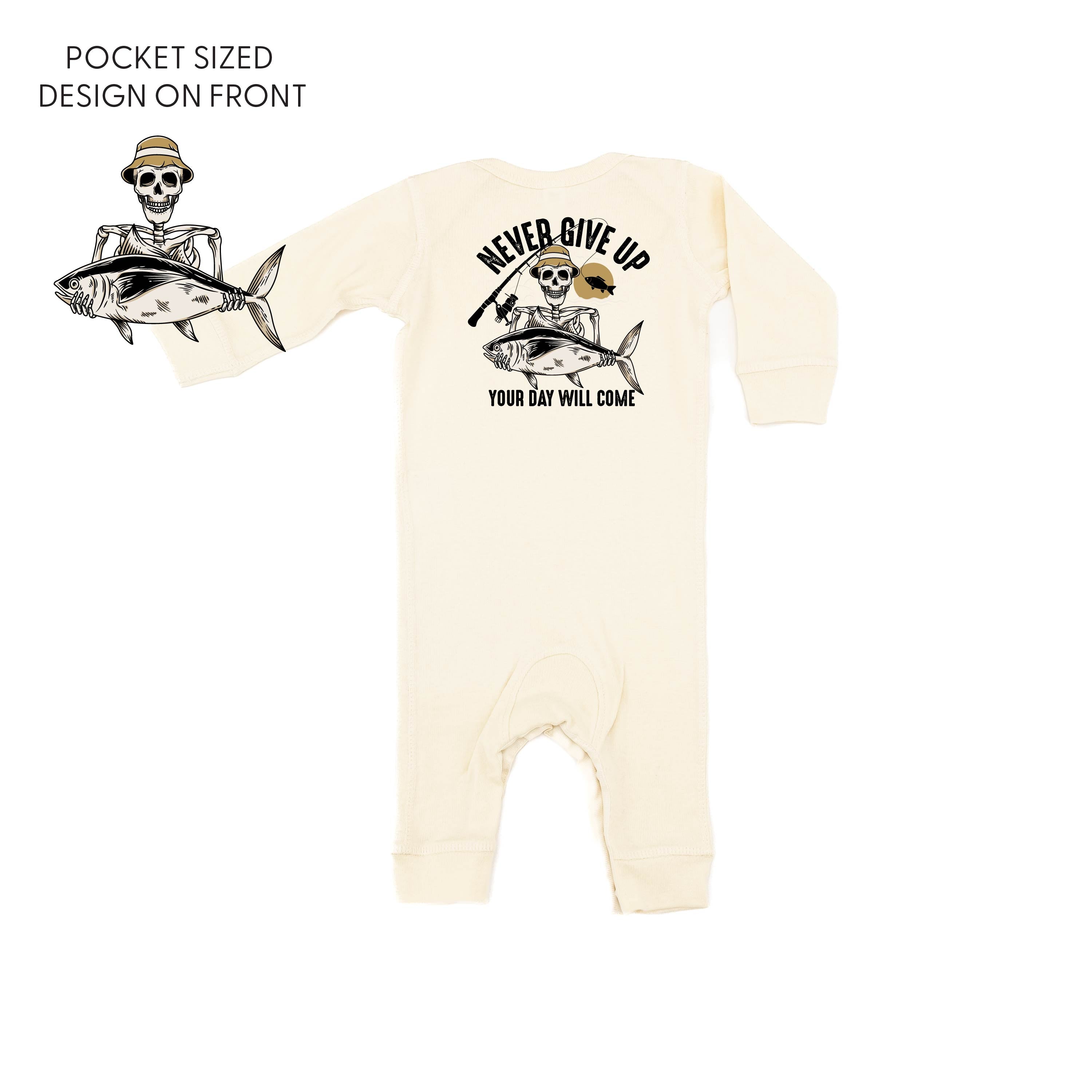 Fishing Skelly - Never Give Up (pf&b) - Baby Sleeper Little Mama Shirt Shop