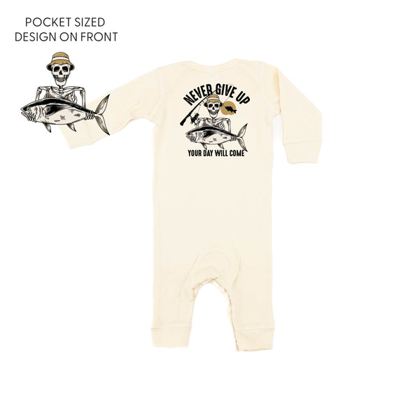 Fishing Skelly Pocket Design on Front w/ Never Give Up on Back - One Piece Baby Sleeper