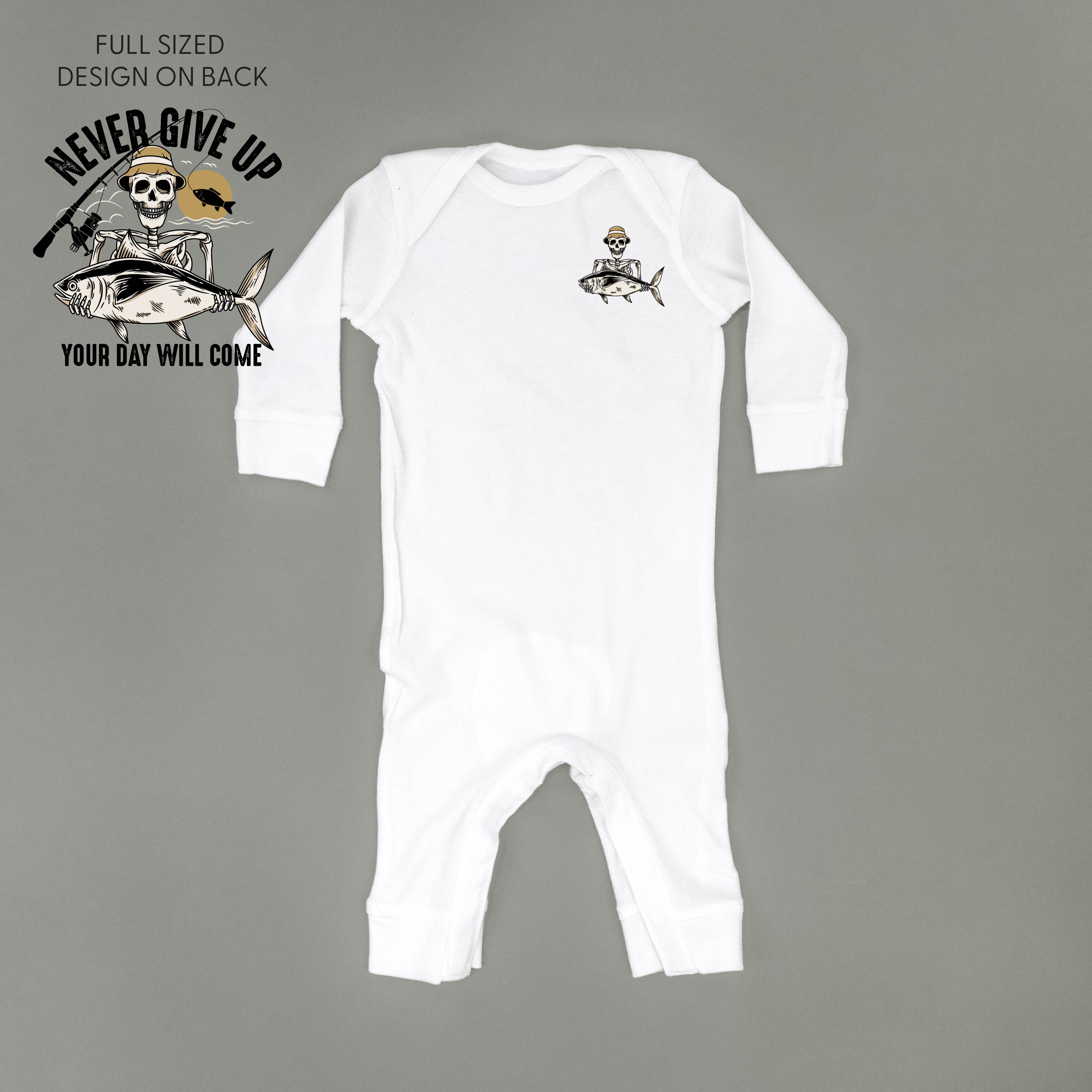 Fishing Skelly - Never Give Up (pf&b) - Baby Sleeper Little Mama Shirt Shop