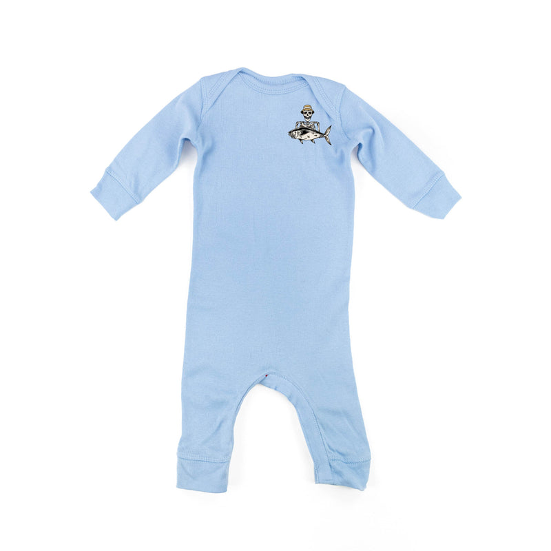 Fishing Skelly Pocket Design on Front w/ Never Give Up on Back - One Piece Baby Sleeper