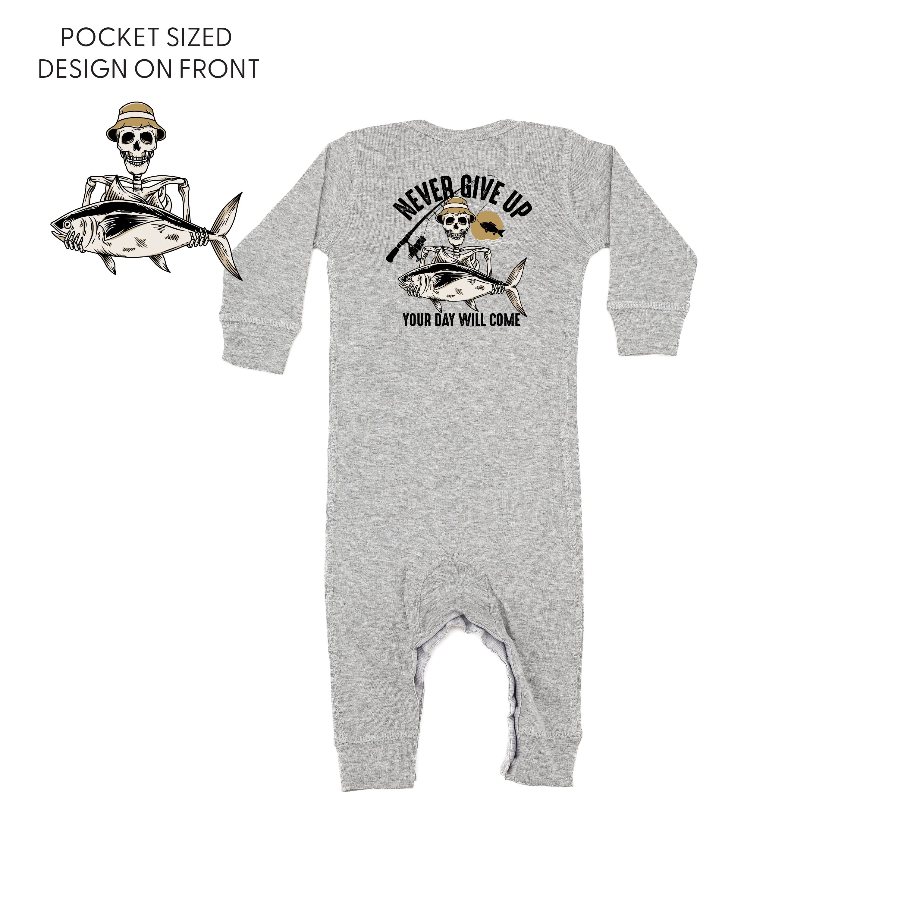 Fishing Skelly - Never Give Up (pf&b) - Baby Sleeper Little Mama Shirt Shop