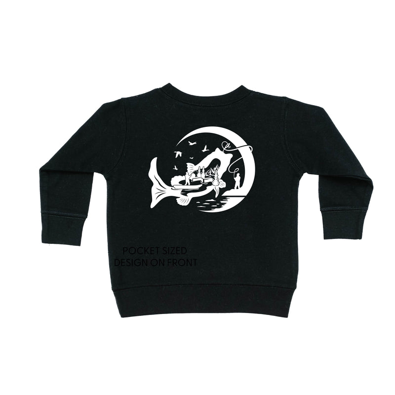 Fishing Compass Pocket Design on Front w/ Fishing Scene on Back - Child Sweater