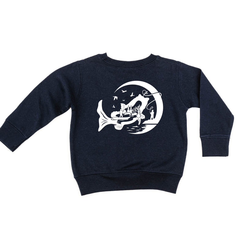 Fishing Compass Pocket Design on Front w/ Fishing Scene on Back - Child Sweater