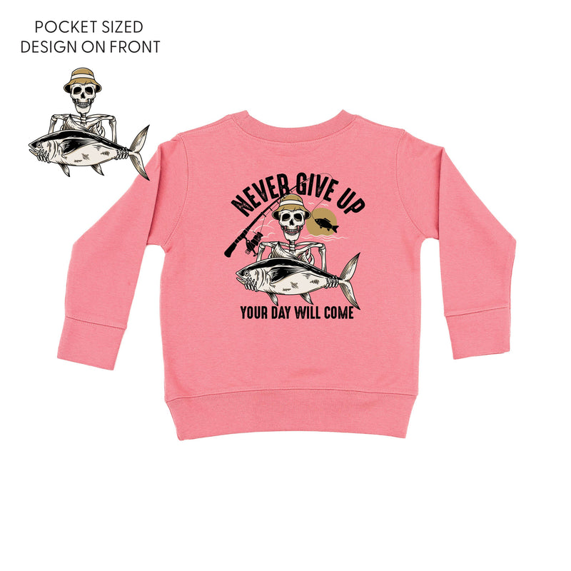 Fishing Skelly Pocket Design on Front w/ Never Give Up on Back - Child Sweater