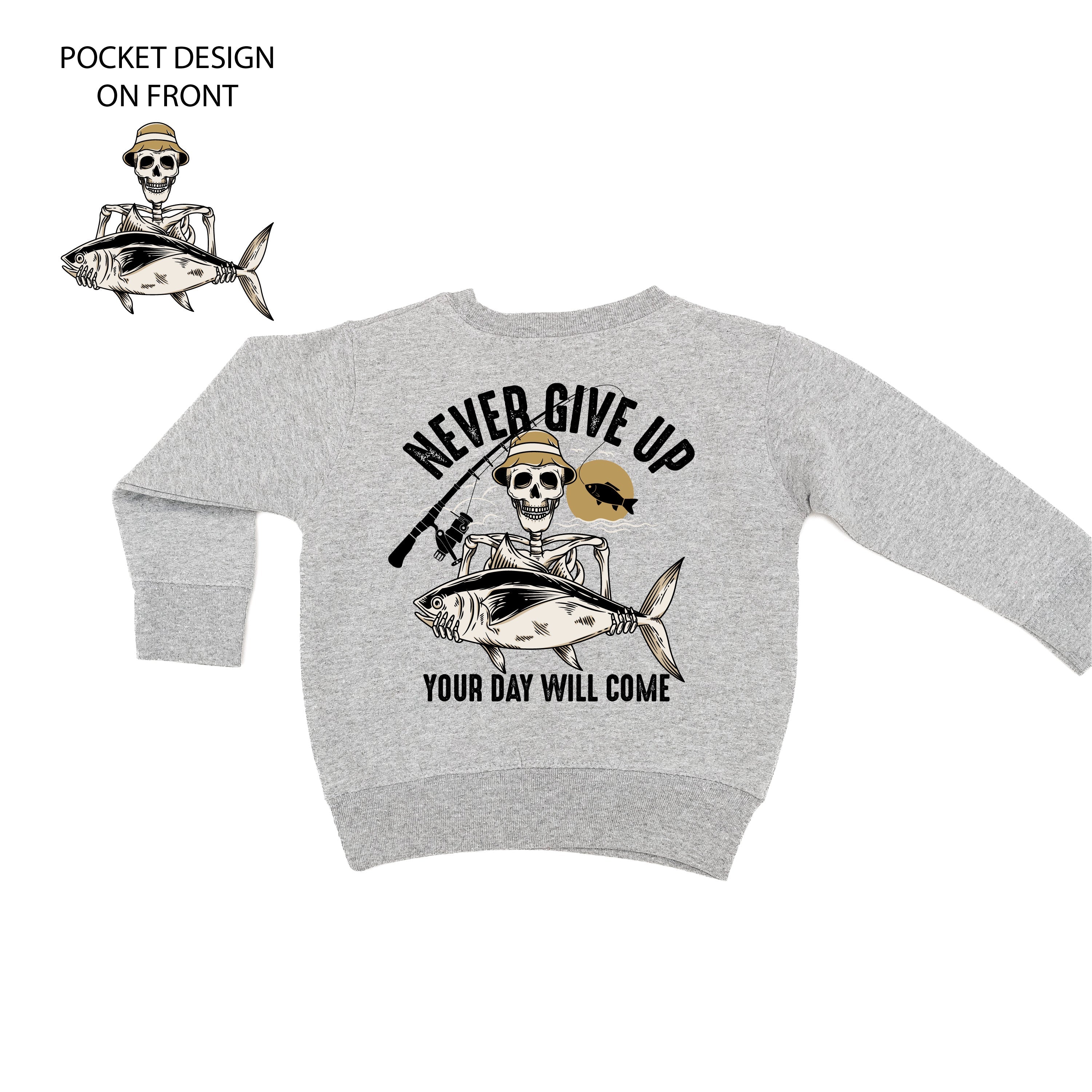 Fishing Skelly - Never Give Up (pf&b) - Child Sweater Little Mama Shirt Shop