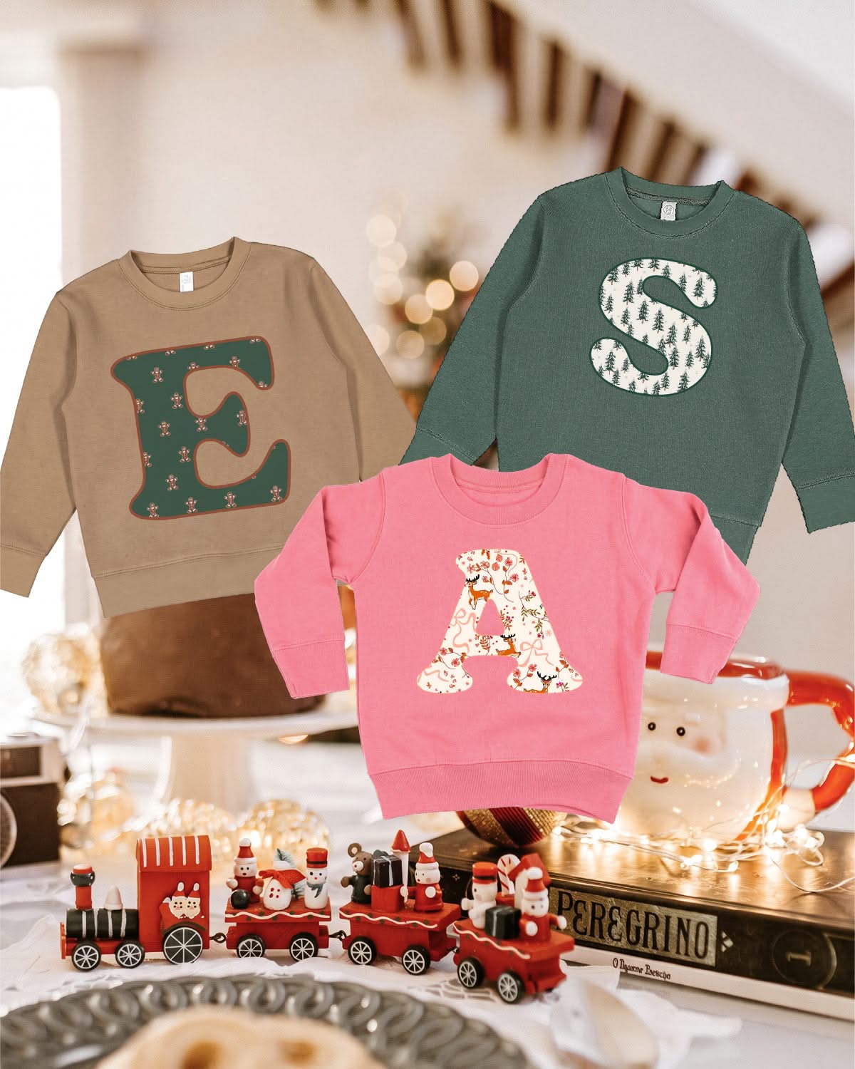 Christmas Patterned Initials Child Sweater – Personalized Holiday Initial Sweatshirt | Little Mama Shirt Shop Little Mama Shirt Shop