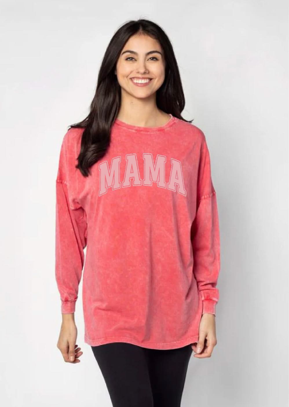 Oversized Big Tee with “MAMA” graphic in red on model - Little Mama Shirt Shop