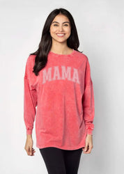 Oversized Big Tee with “MAMA” graphic in red on model - Little Mama Shirt Shop