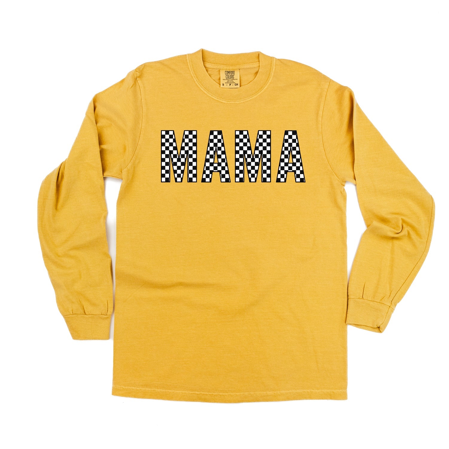 Block Font Checkers - MAMA - LONG SLEEVE COMFORT COLORS TEE Little Mama Shirt Shop