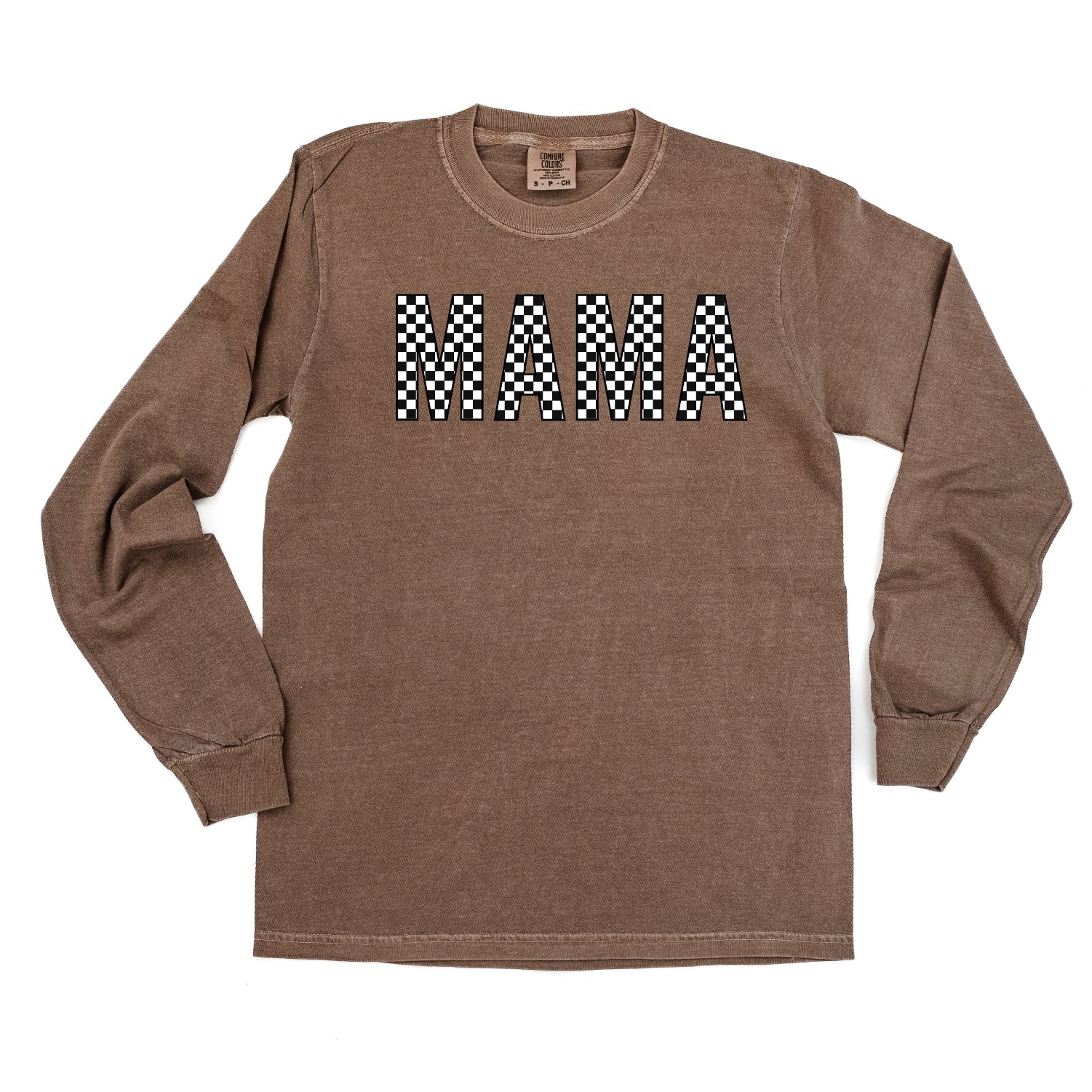 Block Font Checkers - MAMA - LONG SLEEVE COMFORT COLORS TEE Little Mama Shirt Shop
