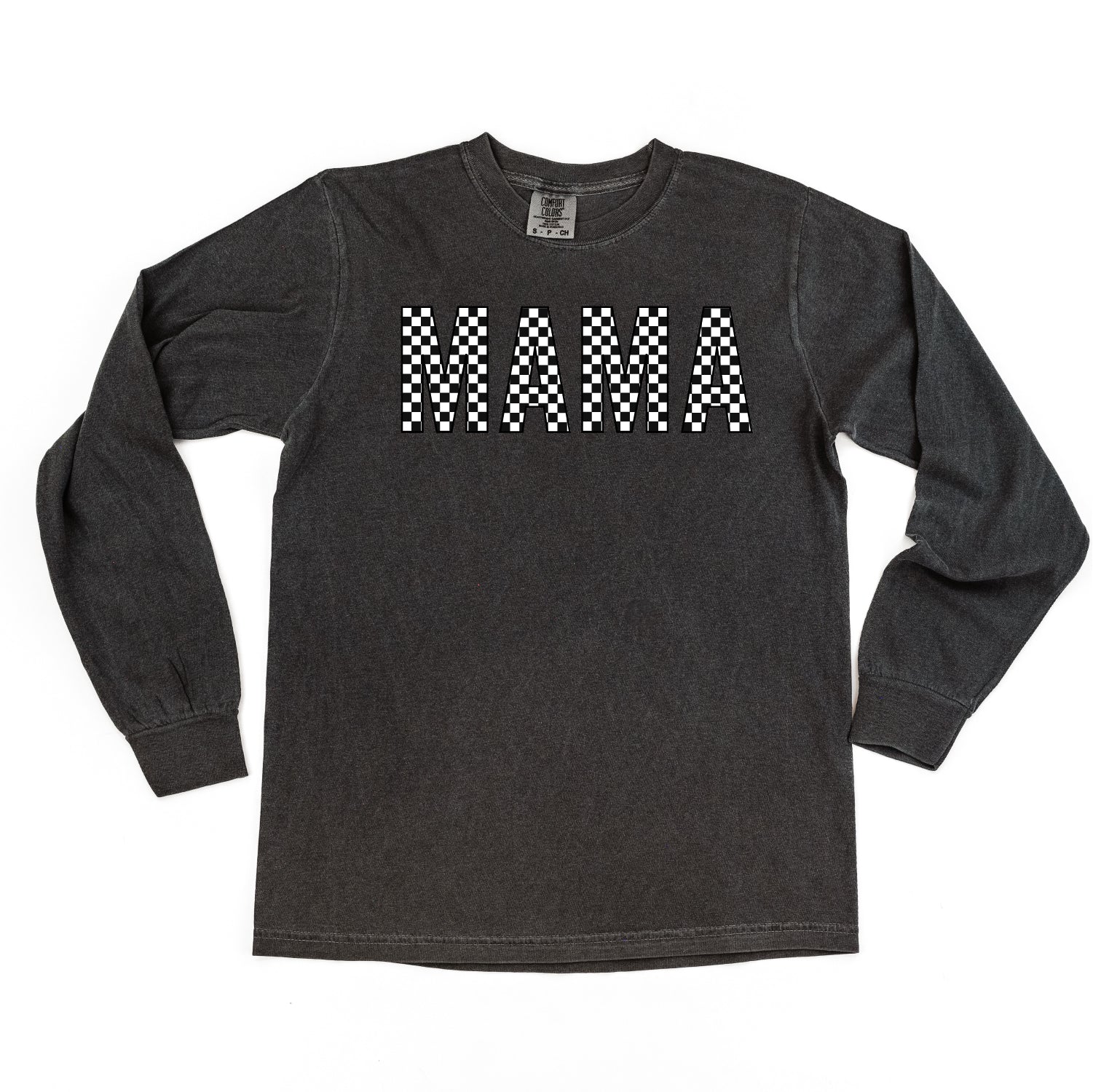 Block Font Checkers - MAMA - LONG SLEEVE COMFORT COLORS TEE Little Mama Shirt Shop