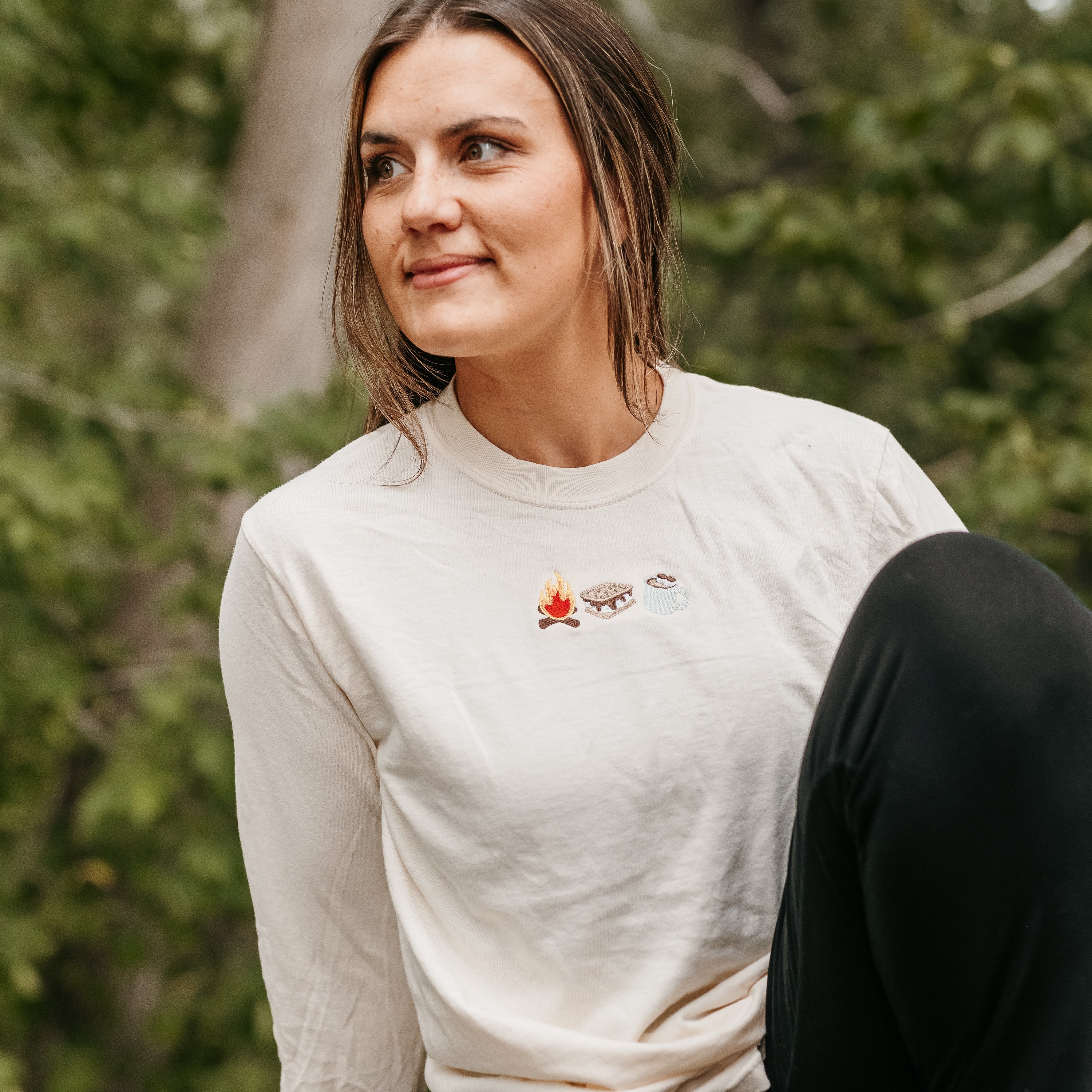 Embroidered Long Sleeve Comfort Colors Tee - Cozy Campfire Trio Little Mama Shirt Shop