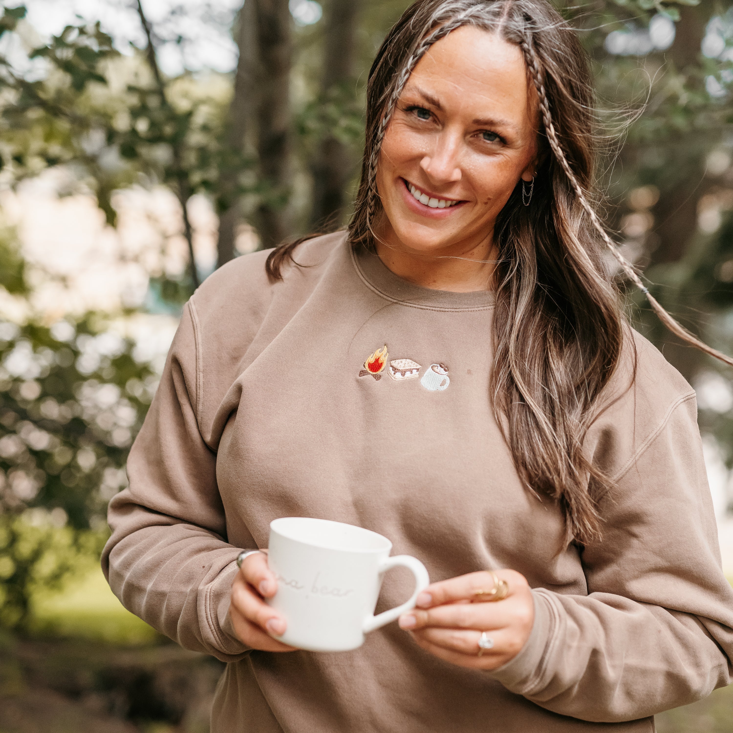 Embroidered PIGMENT Crewneck - Cozy Campfire Trio Little Mama Shirt Shop LLC