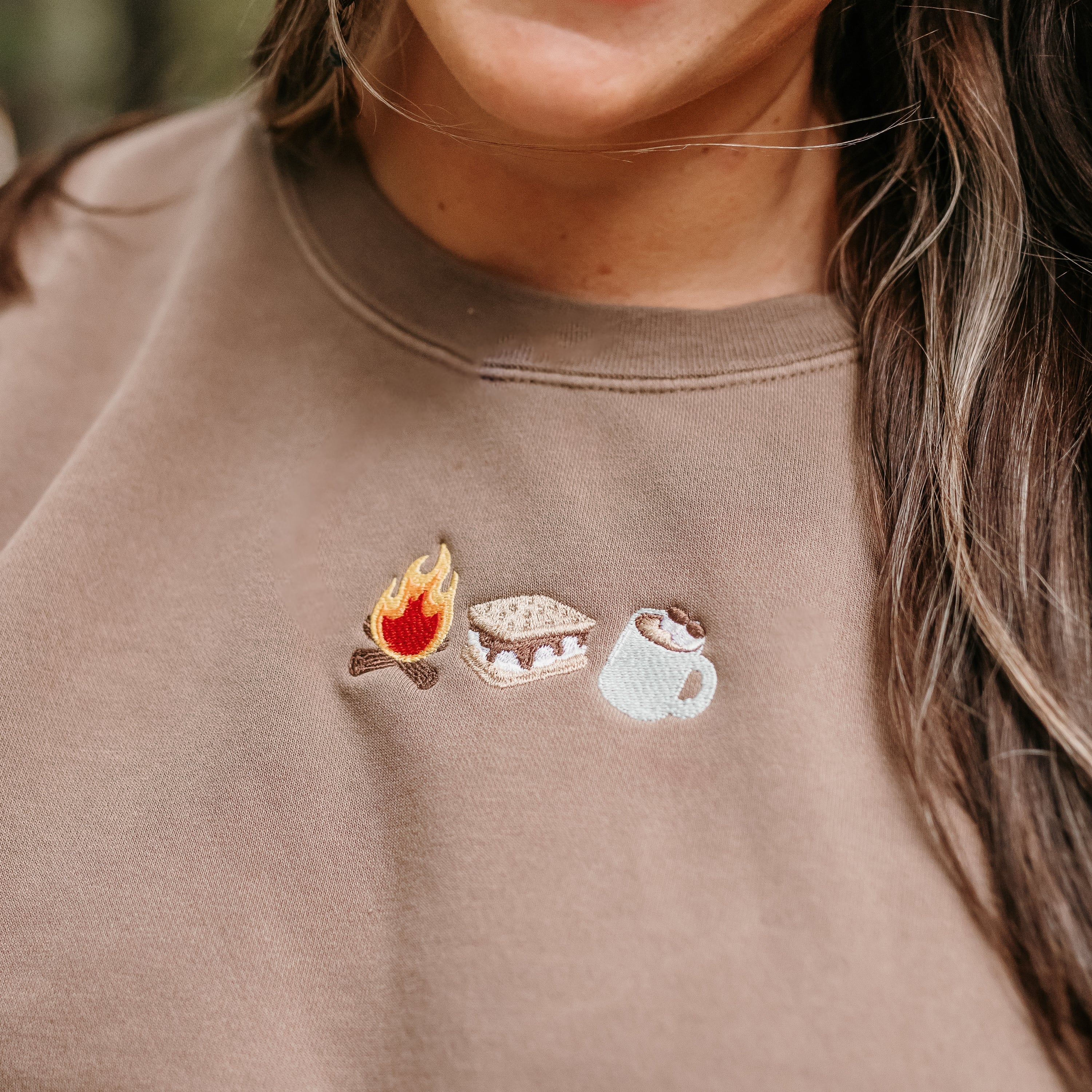 Embroidered PIGMENT Crewneck - Cozy Campfire Trio Little Mama Shirt Shop LLC