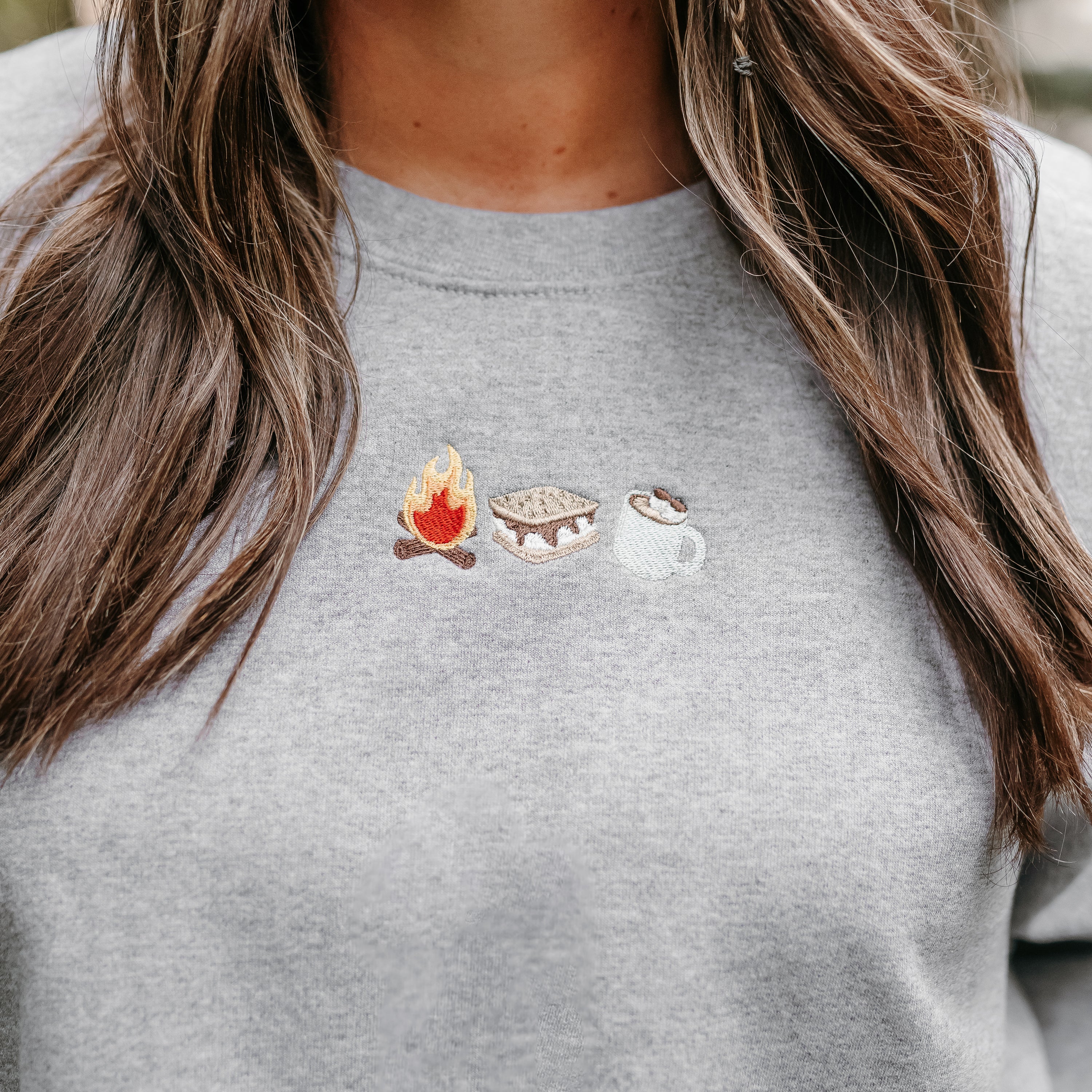 Embroidered Basic Fleece Crewneck - Cozy Campfire Trio Little Mama Shirt Shop LLC