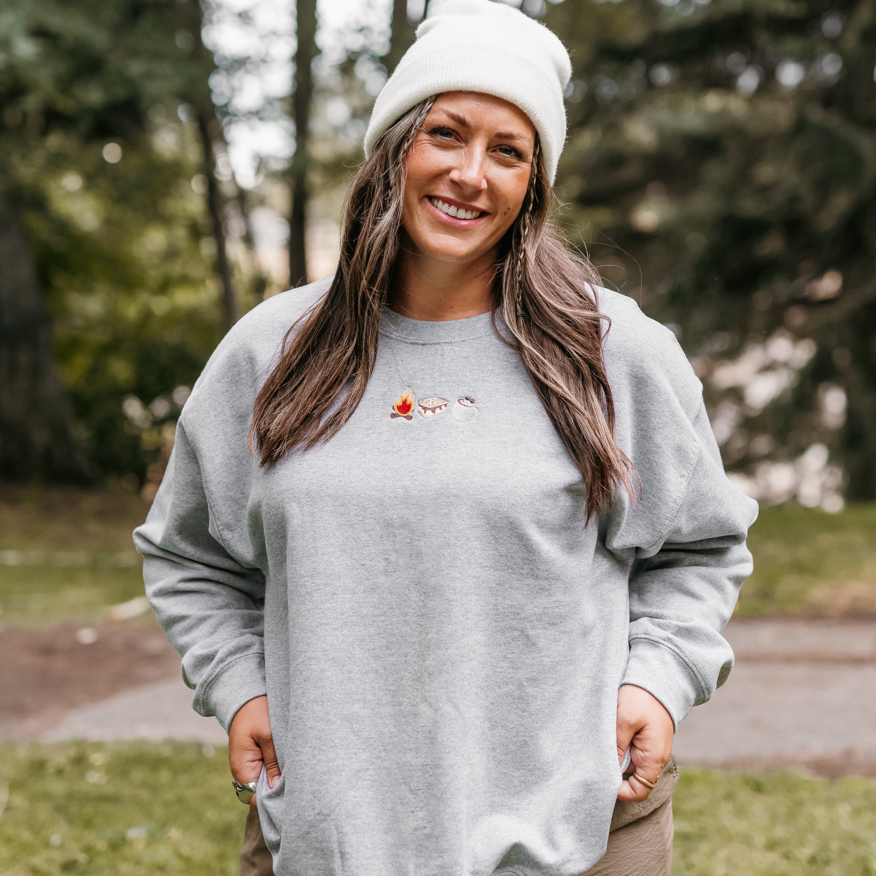 Embroidered Basic Fleece Crewneck - Cozy Campfire Trio Little Mama Shirt Shop LLC