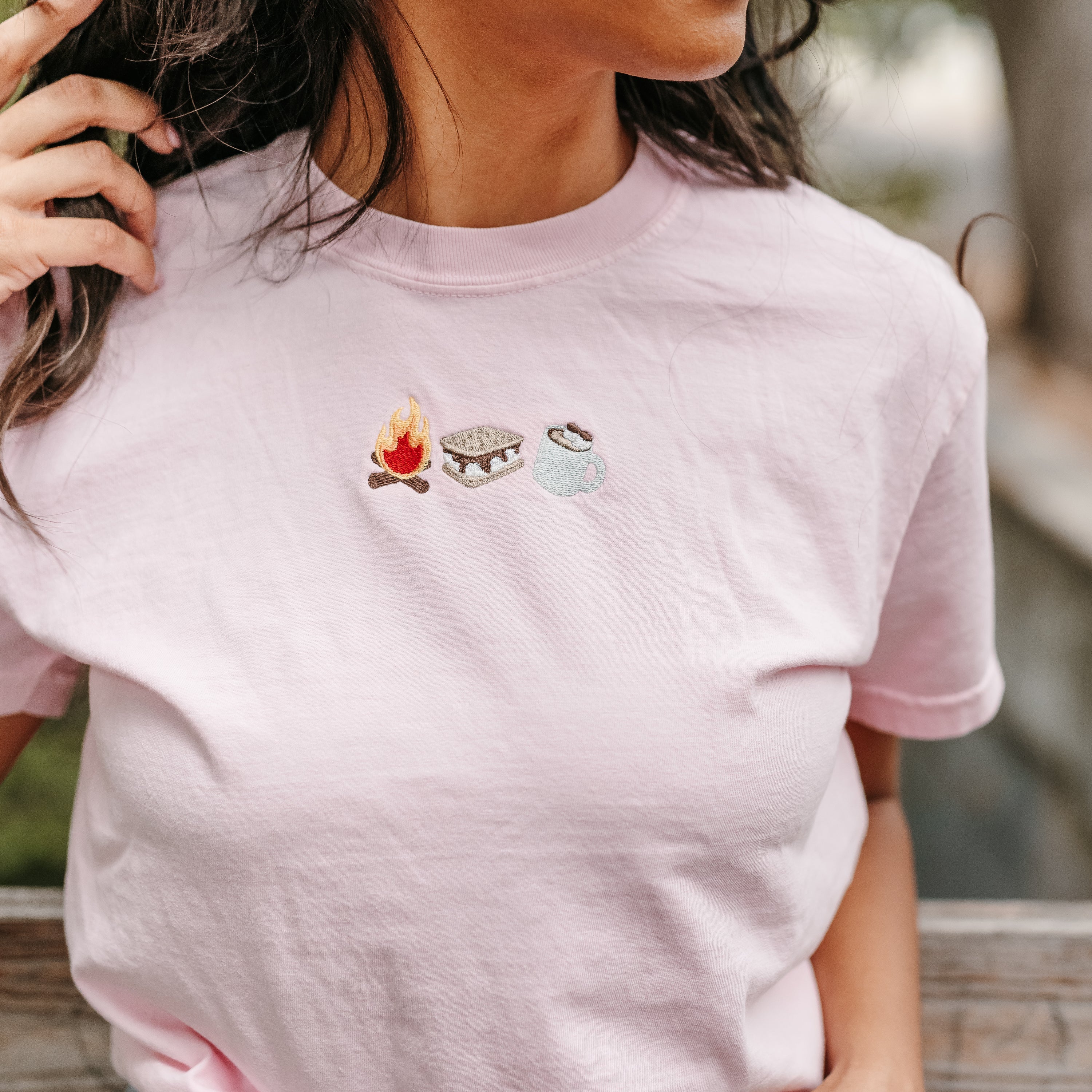 Embroidered Short Sleeve Comfort Colors Tee - Cozy Campfire Trio Little Mama Shirt Shop