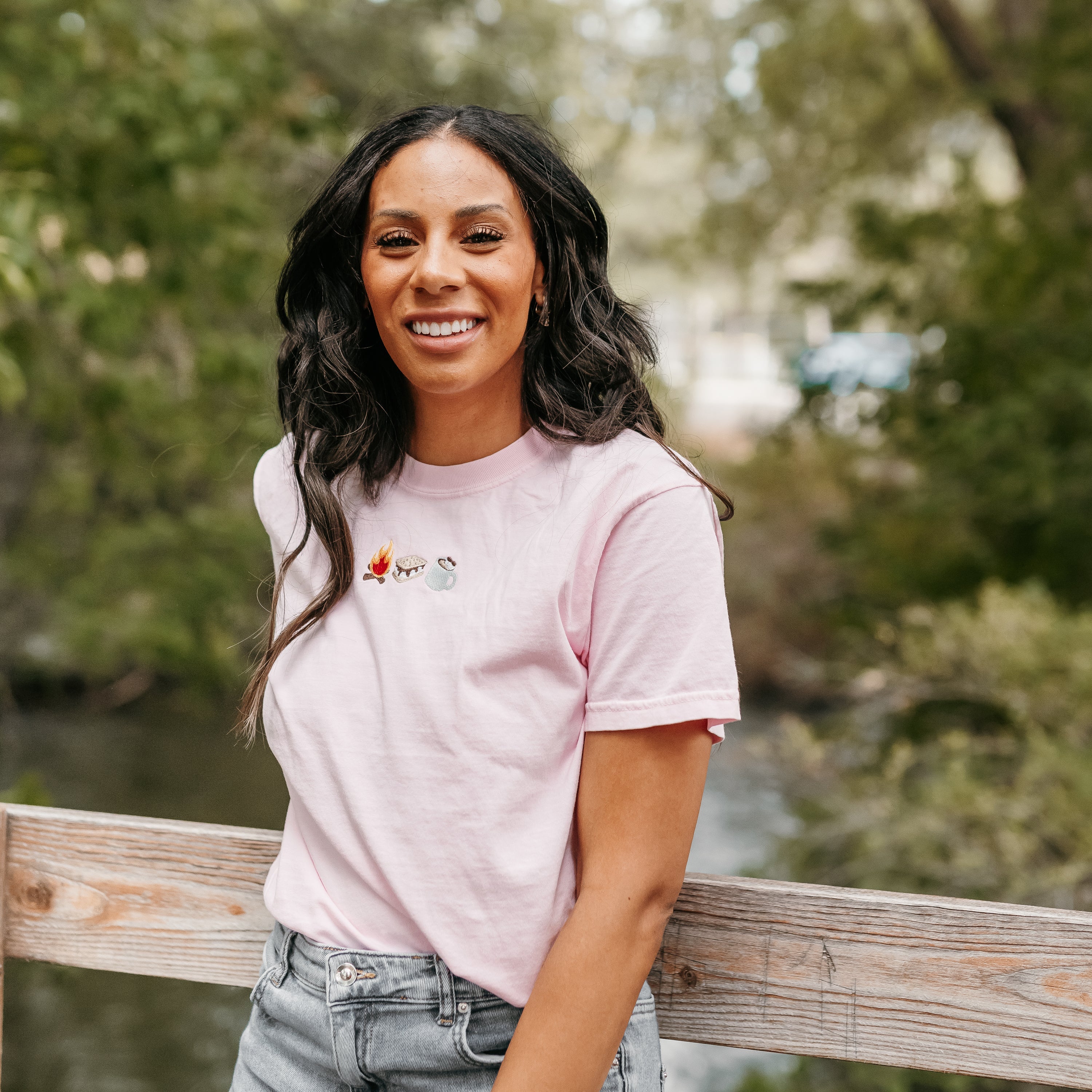 Embroidered Short Sleeve Comfort Colors Tee - Cozy Campfire Trio Little Mama Shirt Shop